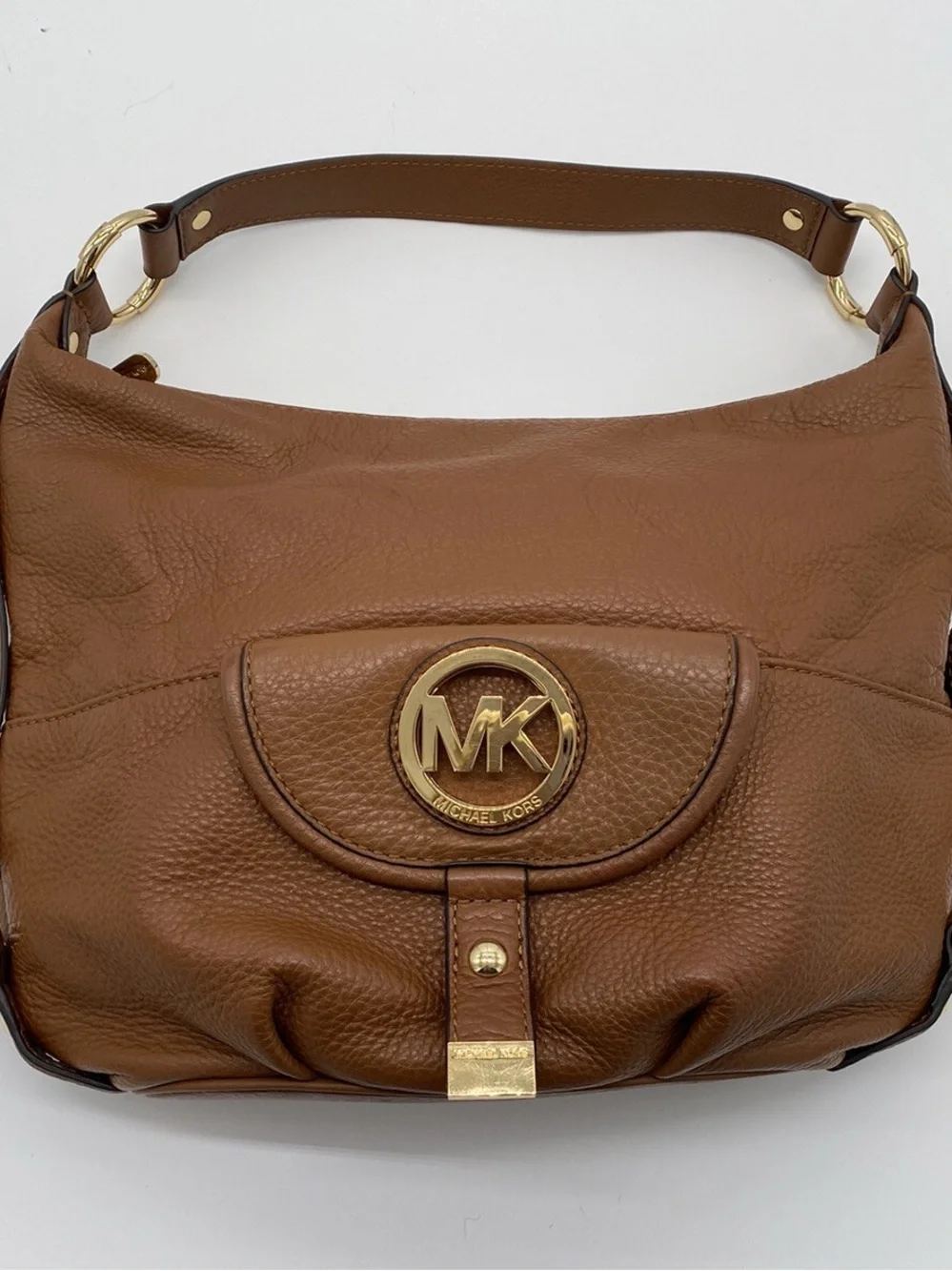 Michael Kors Brown Pebbled Leather Hobo with Gold MK Emblem
